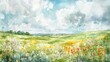 © Wish Craft Arts - Watercolor painting of a summer landscape with rolling hills, a bright green field with colorful wildflowers, and a light blue sky with white clouds.