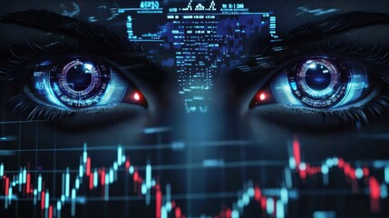 Wall Mural - A pair of blue eyes with red pupils are displayed on a computer screen