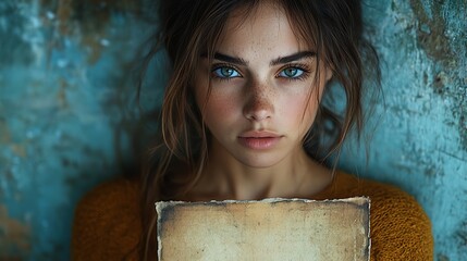 Close-up portrait of a young woman with blue eyes and messy hair, holding a piece of paper.