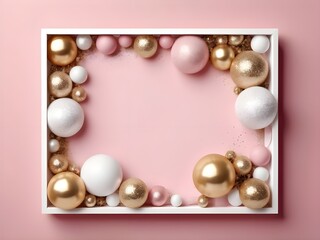 abstract pastel Golden and white glitter balls with frame and pink background. Celebration minimal Christmas