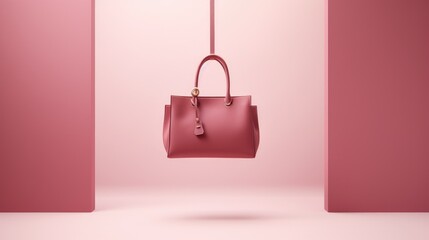 A pink leather handbag hanging in a pink room.