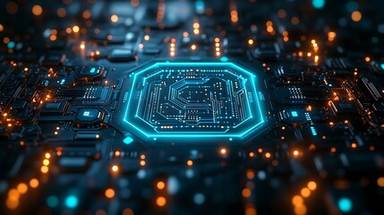 Poster - Futuristic Circuit Board with Glowing Blue and Orange Lights