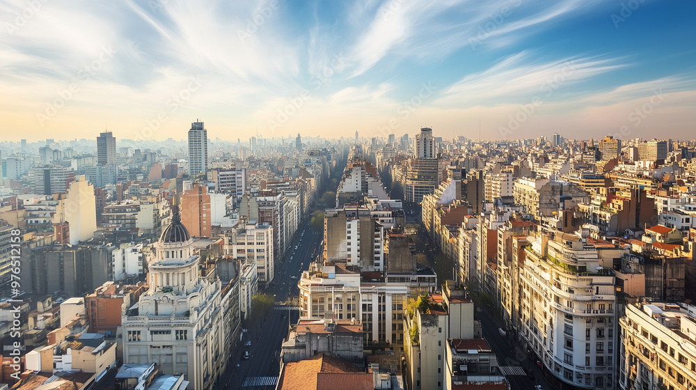 Panoramic view of a bustling cityscape under a clear blue sky ...