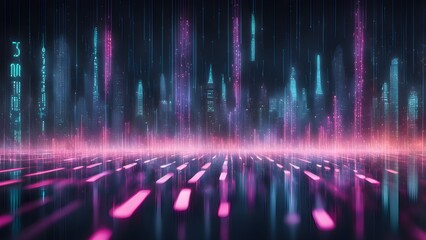 Wall Mural - A futuristic city skyline with glowing neon lights and data streams, symbolizing the digital age and technological advancements.