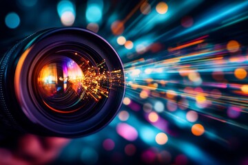 Poster - A camera lens captures a burst of colorful lights, symbolizing creativity, inspiration, photography, technology, and the beauty of light.