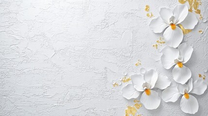 Poster - White Flowers on Cracked White Background with Gold Accents