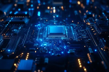 Poster - A close-up of a futuristic circuit board with glowing blue lights, symbolizing technology, innovation, connectivity, data processing, and the digital age.