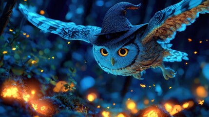 Canvas Print - A blue owl with a black hat flying through a forest