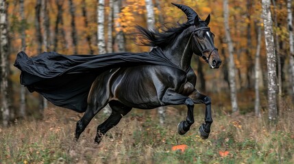 A black horse with a black cape flying through a forest