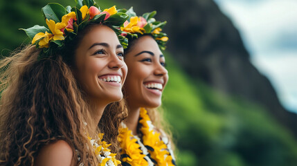 Two young women with floral crowns and leis smile joyfully, embracing the vibrant nature and culture around them.