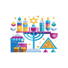  Happy Last Day of Chanukah card with menorah, candelabra, candles, gifts . Vector illustration.