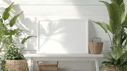 White Frame Mockup with Tropical Plants and Wicker Baskets