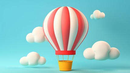 Wall Mural - Red and white striped hot air balloon with yellow basket floating against a blue sky with white clouds.