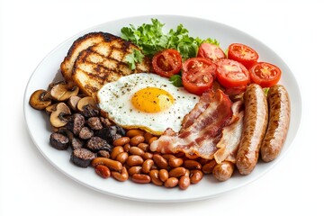 Wall Mural - Full English Breakfast, A hearty meal typically including fried eggs, bacon, sausages, baked beans, grilled tomatoes, mushrooms, and toast. isolated on white background