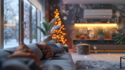 Living room with sofa and Christmas tree in the corner.air conditioning on the wall and snowflakes as a concept of heating in the cold season