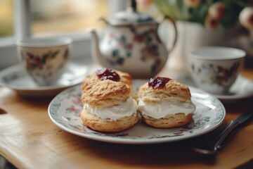 Canvas Print - Scone, A slightly sweet, crumbly bread often enjoyed with clotted cream and jam, popular in British breakfasts.