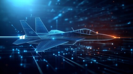 Poster - A digital blueprint of a futuristic fighter jet, symbolizing technological advancement, speed, power, aerodynamics, and cutting-edge design.