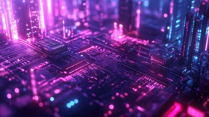 Wall Mural - Futuristic Neon Circuit Board with Glowing Pink and Purple Lights