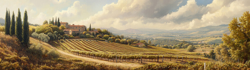 A picturesque vineyard landscape in Tuscany, Italy, featuring rolling hills, a charming farmhouse, and a vibrant sky, symbolizing peace, beauty, nature, harvest, and Italian culture.