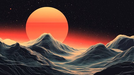 Wall Mural - Surreal Digital Landscape with Neon Mountains and Giant Red Sun at Night