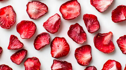 close-up of vibrant red freeze-dried strawberry slices scattered on a white