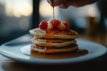 Wall Mural - Pancakes, Fluffy cakes made from a batter of flour, milk, eggs, and baking powder, often served with syrup, butter, and various toppings such as fruits, nuts, or whipped cream.