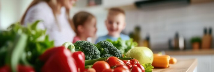 A family is engaged in cooking together in a brightly lit, modern kitchen, with fresh vegetables like tomatoes, peppers, and broccoli prominently displayed on the counter.