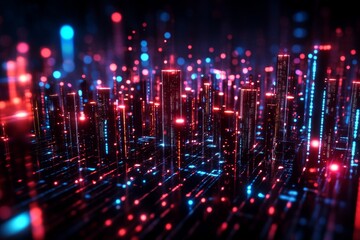Poster - a futuristic cityscape illuminated by vibrant lights, representing the interconnectedness and dynami