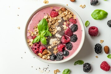 Wall Mural - Smoothie Bowl, A thick smoothie made from blended fruits, yogurt, and sometimes vegetables, served in a bowl and topped with granola, seeds, nuts, and fresh fruit. Isolated on White Background