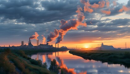 Wall Mural - dystopian industrial scene with smoggy skies and a polluted river at sunset revealing environmental degradation and industrial impact on nature