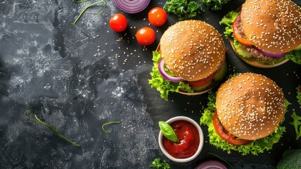 Poster - Three burgers with vegetables and sauce on dark surface