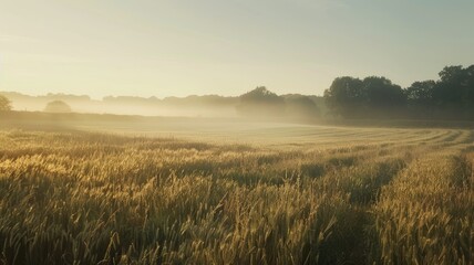 Wall Mural - sunrise over misty wheat field with trees in background under clear sky