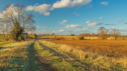 Wall Mural - Countryside landscape with farm, fields under blue sky clouds at sunset