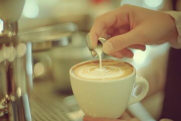 vintage tone of barista pour milk to making latte art coffee at cafe or coffe shop, ai