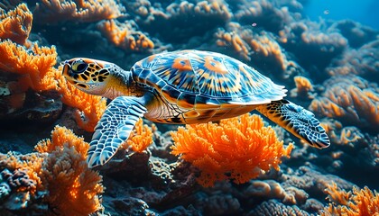 Vibrant sea turtle swimming over bright orange corals in a colorful tropical reef, showcasing the beauty of marine life and underwater ecosystems