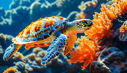 Vibrant sea turtle swimming over bright orange corals in a colorful tropical reef, showcasing the beauty of marine life and underwater ecosystems