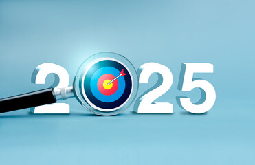 Poster - happy new year 2025 with creative trends, business plan, goal and success banner concept. 3d target 
