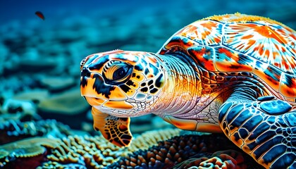 Vibrant close-up of a colorful sea turtle among a thriving coral reef under crystal-clear blue ocean waters