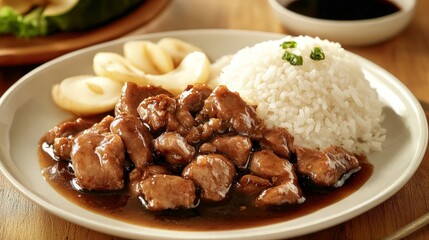 Wall Mural - Close-up of a Plate of Steamed Rice with Braised Pork and Sliced Apples