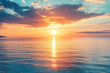 Wall Mural - Horizon Sea Sky Background, Sunset sky clouds over sea in the evening with Orange, Yellow sunlight Golden hour in Summer landscape, Dusk sky seascape backgrounds , ai