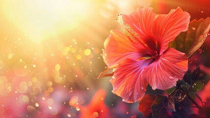 Wall Mural - Vibrant red hibiscus flower in sunlight, with soft-focus background and bokeh effect