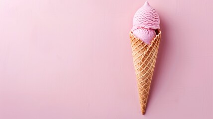 Wall Mural - Pink ice cream scoops in waffle cone on pink background