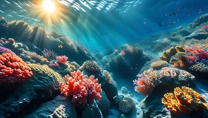 Vibrant underwater spectacle of colorful coral reefs and diverse marine life illuminated by sunlight in crystal clear waters