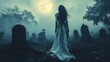 © LAB.Photo - Haunting Presence - Ghostly woman in tattered white dress stands in misty graveyard under dim moonlight, surrounded by eerie tombstones.