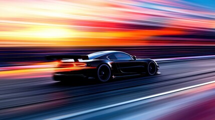 Black Sports Car Speeding on Highway at Sunset