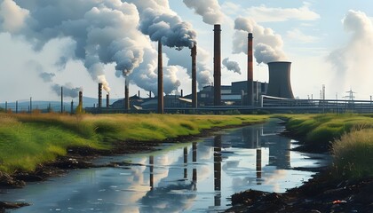 Wall Mural - Desolate industrial scene showcasing severe pollution from smokestacks and contaminated water, highlighting the urgent issues of environmental degradation and climate crisis.