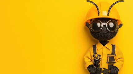 Cute Black Ant Wearing Safety Gear On Yellow Background