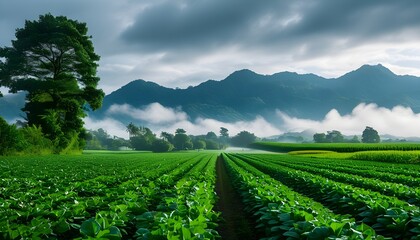 Wall Mural - Vibrant agricultural landscape with rows of crops stretching towards misty mountains beneath a beautifully cloudy sky