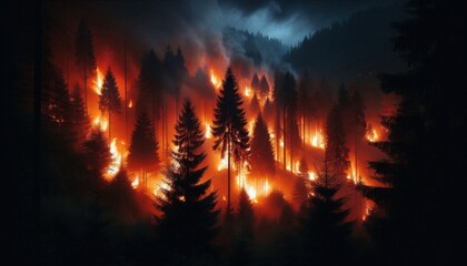 A wild forest fire burning through a dense forest at night, with towering flames lighting up the dark sky and trees silhouetted against the inferno