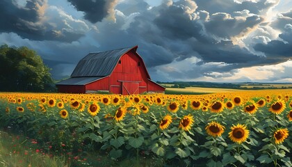 Wall Mural - Charming countryside scenery featuring a red barn amidst a lively sunflower field beneath a strikingly dramatic cloudy sky